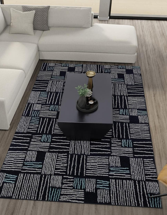 Navy Blue 5' 3 x 8' Hanahan Rectangle Area Rug 100% Polypropylene With Jute Backing Abstract Geometric Modern Carpet for Living, Dining Room, Office Space for Sale at Rug Engine