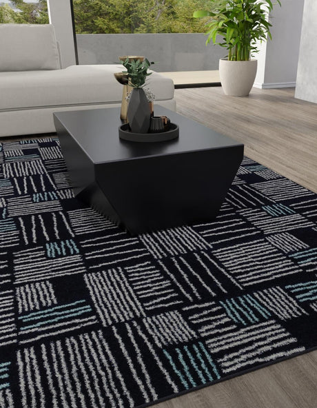 Navy Blue 2' x 3' 1 Hanahan Rectangle Area Rug 100% Polypropylene With Jute Backing Abstract Geometric Modern Carpet for Living, Dining Room, Office Space for Sale at Rug Engine