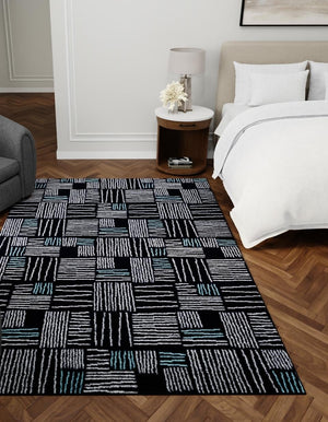 Navy Blue 9' x 12' Hanahan Rectangle Area Rug 100% Polypropylene With Jute Backing Abstract Geometric Modern Carpet for Living, Dining Room, Office Space for Sale at Rug Engine