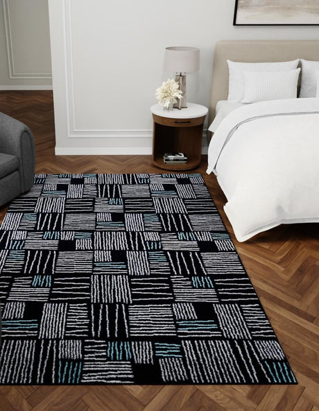 Navy Blue 9' x 12' Hanahan Rectangle Area Rug 100% Polypropylene With Jute Backing Abstract Geometric Modern Carpet for Living, Dining Room, Office Space for Sale at Rug Engine