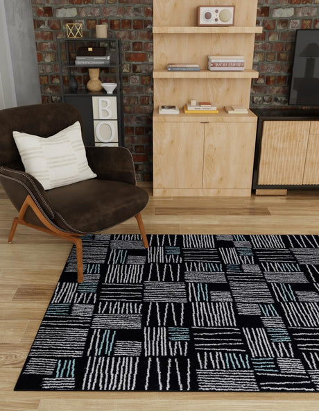 Navy Blue 5' 3 x 8' Hanahan Rectangle Area Rug 100% Polypropylene With Jute Backing Abstract Geometric Modern Carpet for Living, Dining Room, Office Space for Sale at Rug Engine