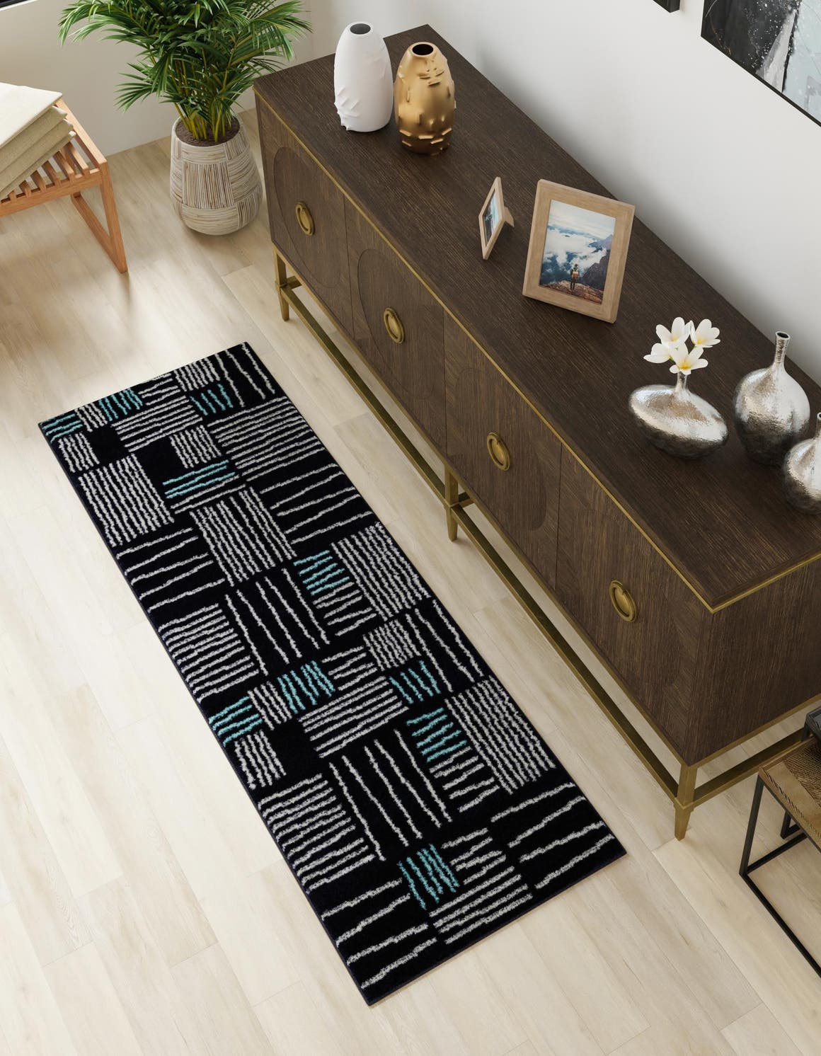 Navy Blue 2' 7 x 12' Hanahan Runner Area Rug 100% Polypropylene With Jute Backing Abstract Geometric Modern Carpet for Living, Dining Room, Office Space for Sale at Rug Engine
