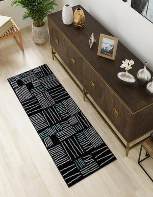 Navy Blue 2' 7 x 12' Hanahan Runner Area Rug 100% Polypropylene With Jute Backing Abstract Geometric Modern Carpet for Living, Dining Room, Office Space for Sale at Rug Engine