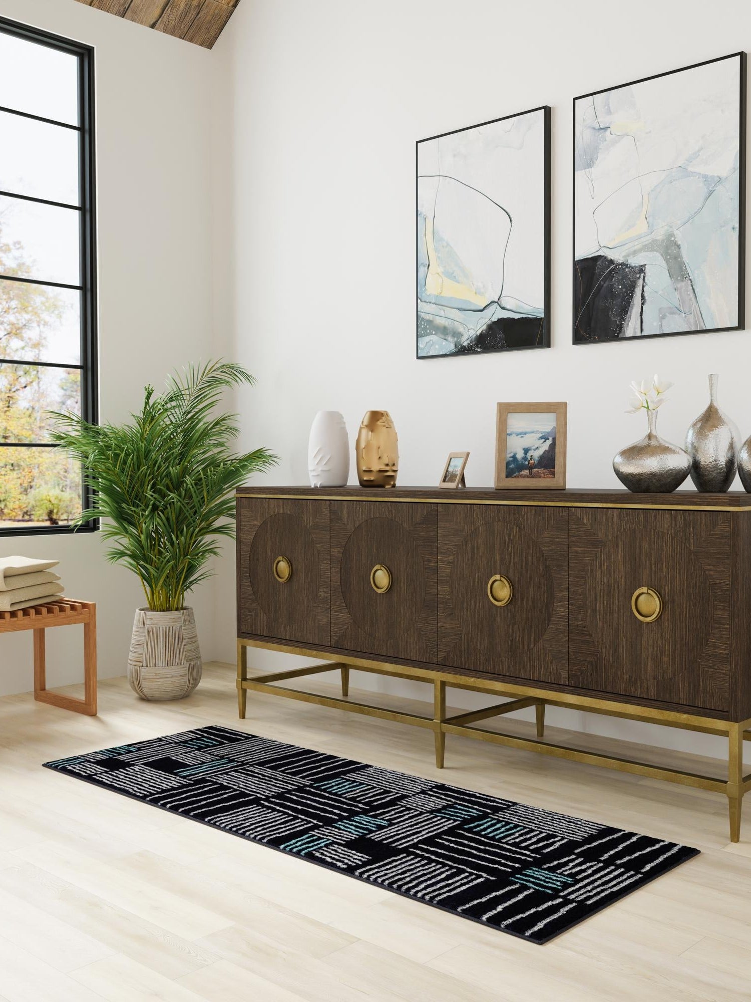 Navy Blue 2' 7 x 10' Hanahan Runner Area Rug 100% Polypropylene With Jute Backing Abstract Geometric Modern Carpet for Living, Dining Room, Office Space for Sale at Rug Engine