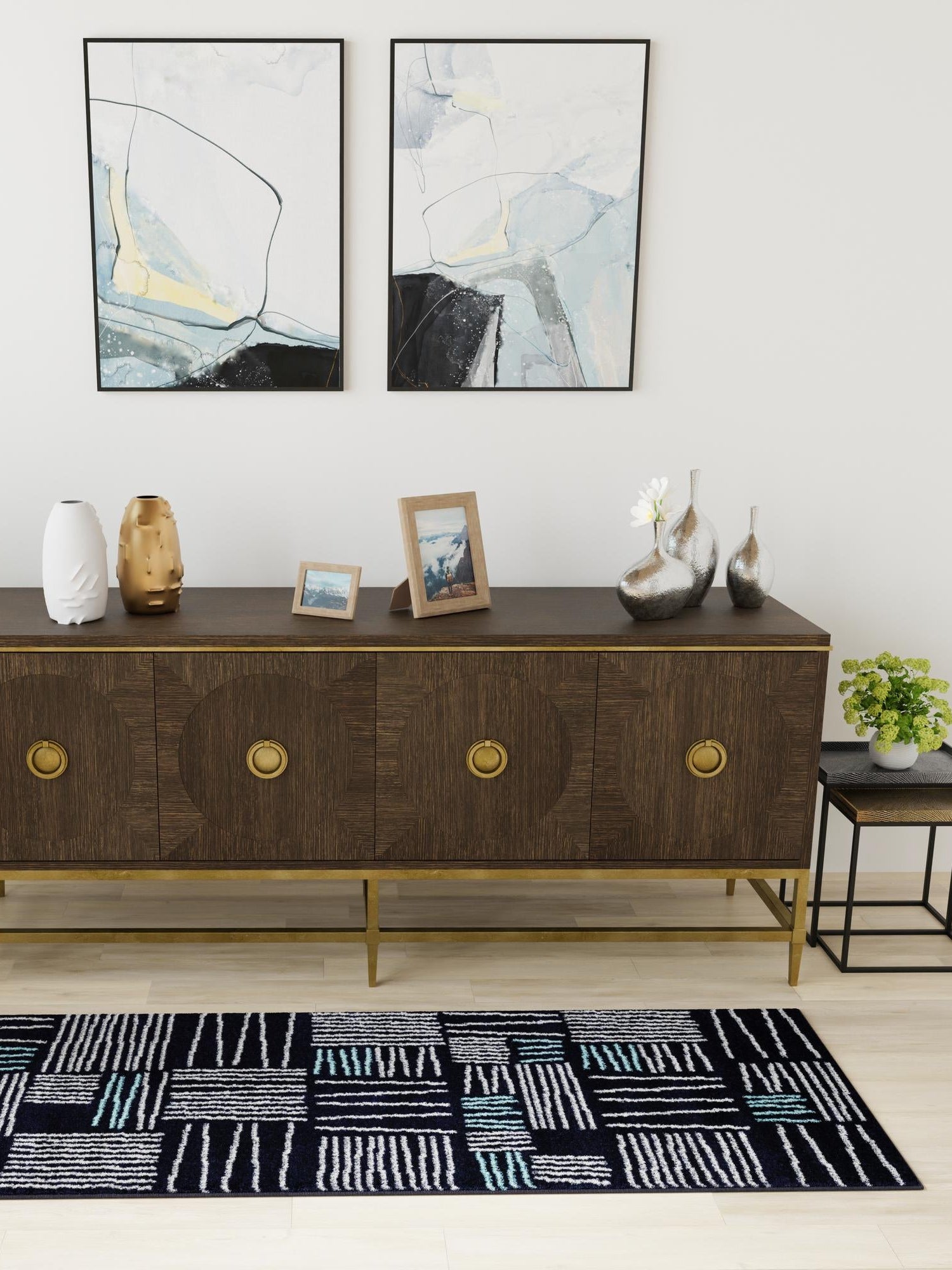 Navy Blue 2' 7 x 10' Hanahan Runner Area Rug 100% Polypropylene With Jute Backing Abstract Geometric Modern Carpet for Living, Dining Room, Office Space for Sale at Rug Engine