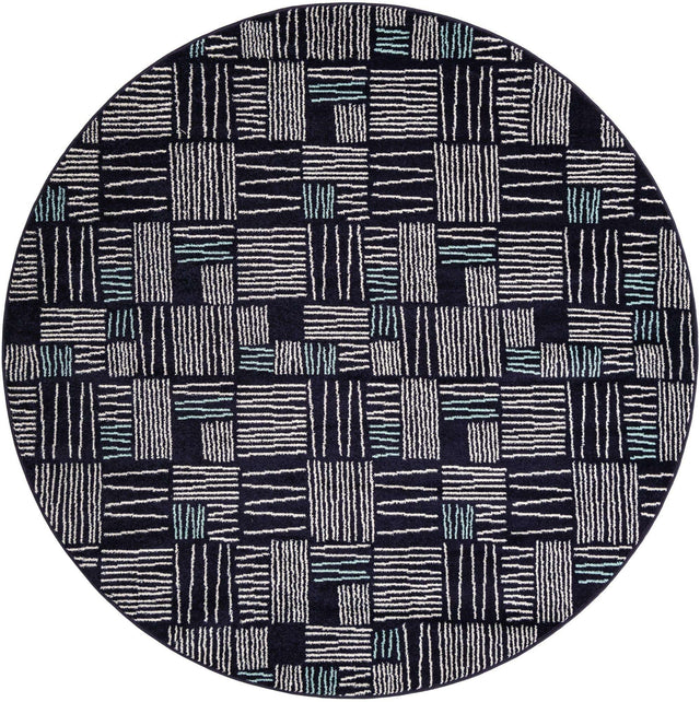 Navy Blue 7' 10 x 7' 10 Hanahan Round Area Rug 100% Polypropylene With Jute Backing Abstract Geometric Modern Carpet for Living, Dining Room, Office Space for Sale at Rug Engine