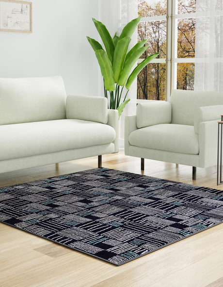 Navy Blue 7' 10 x 7' 10 Hanahan Square Area Rug 100% Polypropylene With Jute Backing Abstract Geometric Modern Carpet for Living, Dining Room, Office Space for Sale at Rug Engine