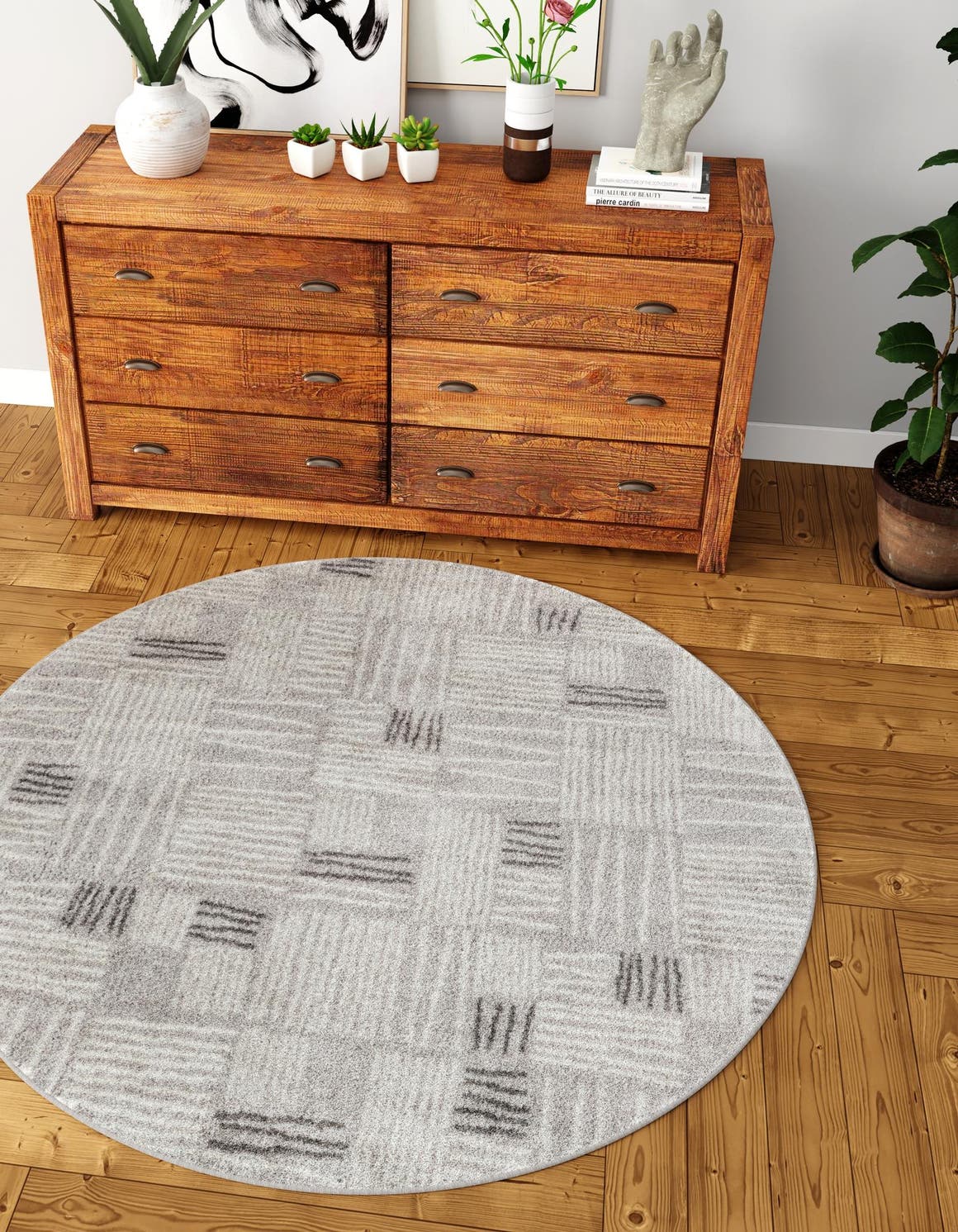 Gray 5' 3 x 5' 3 Hanahan Round Area Rug 100% Polypropylene With Jute Backing Abstract Geometric Modern Carpet for Living, Dining Room, Office Space for Sale at Rug Engine