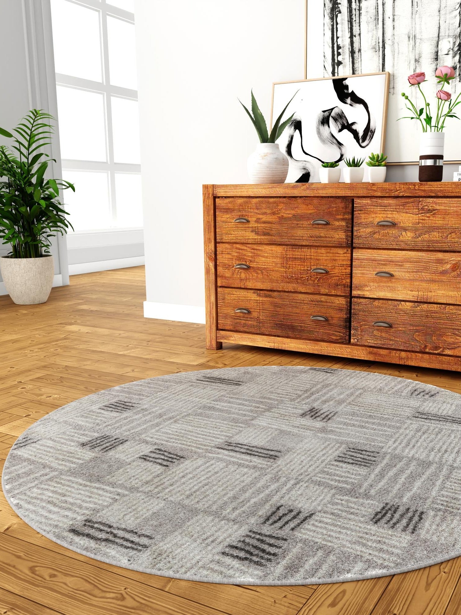 Gray 7' 10 x 7' 10 Hanahan Round Area Rug 100% Polypropylene With Jute Backing Abstract Geometric Modern Carpet for Living, Dining Room, Office Space for Sale at Rug Engine
