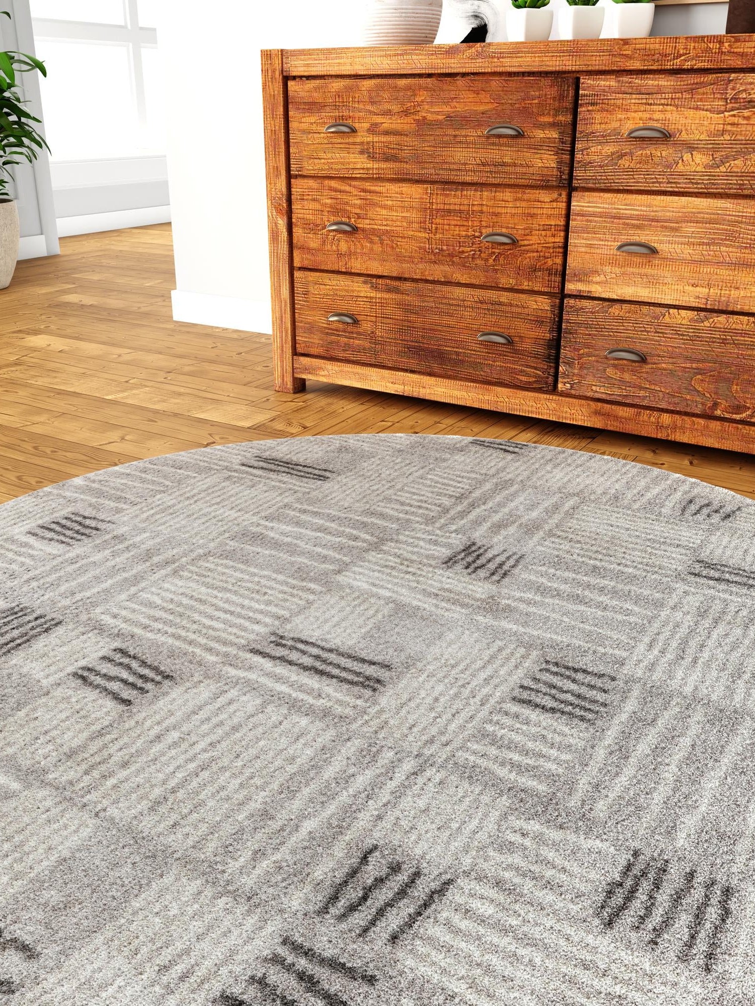 Gray 7' 10 x 7' 10 Hanahan Round Area Rug 100% Polypropylene With Jute Backing Abstract Geometric Modern Carpet for Living, Dining Room, Office Space for Sale at Rug Engine