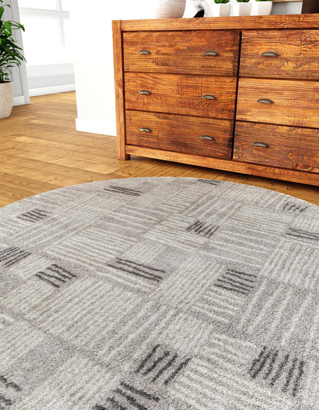 Gray 5' 3 x 5' 3 Hanahan Round Area Rug 100% Polypropylene With Jute Backing Abstract Geometric Modern Carpet for Living, Dining Room, Office Space for Sale at Rug Engine
