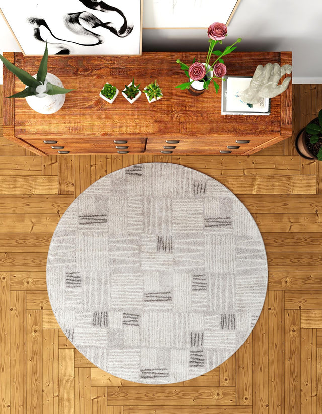 Gray 3' 1 x 3' 1 Hanahan Round Area Rug 100% Polypropylene With Jute Backing Abstract Geometric Modern Carpet for Living, Dining Room, Office Space for Sale at Rug Engine