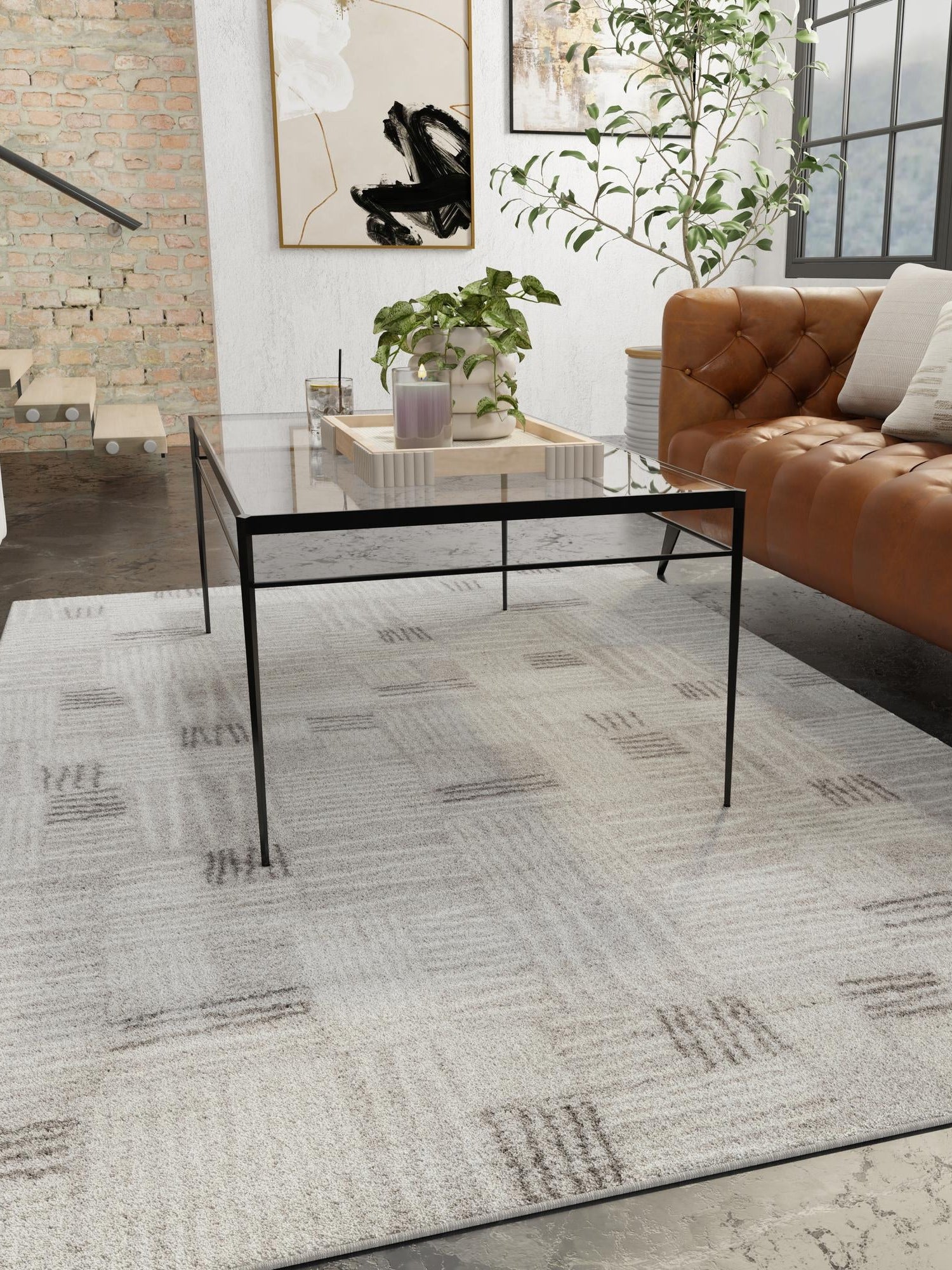 Gray 7' 10 x 10' Hanahan Rectangle Area Rug 100% Polypropylene With Jute Backing Abstract Geometric Modern Carpet for Living, Dining Room, Office Space for Sale at Rug Engine