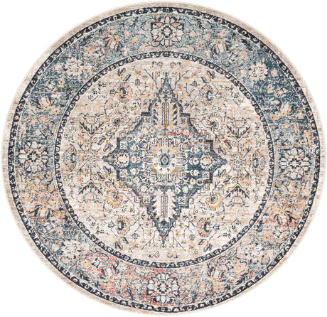 Blue 6' 1 x 6' 1 Lola Round Area Rug Polypropylene With Jute Backing Traditional Pattern Easy Clean Carpet for Home Interior Design for Sale at Rug Engine