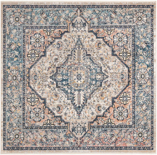 Blue 6' 1 x 6' 1 Lola Square Area Rug Polypropylene With Jute Backing Traditional Pattern Easy Clean Carpet for Home Interior Design for Sale at Rug Engine