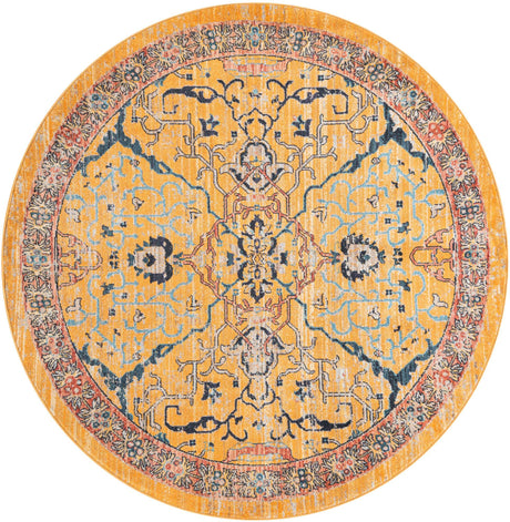 Yellow 6' 1 x 6' 1 Lola Round Area Rug Polypropylene With Jute Backing Traditional Pattern Easy Clean Carpet for Home Interior Design for Sale at Rug Engine