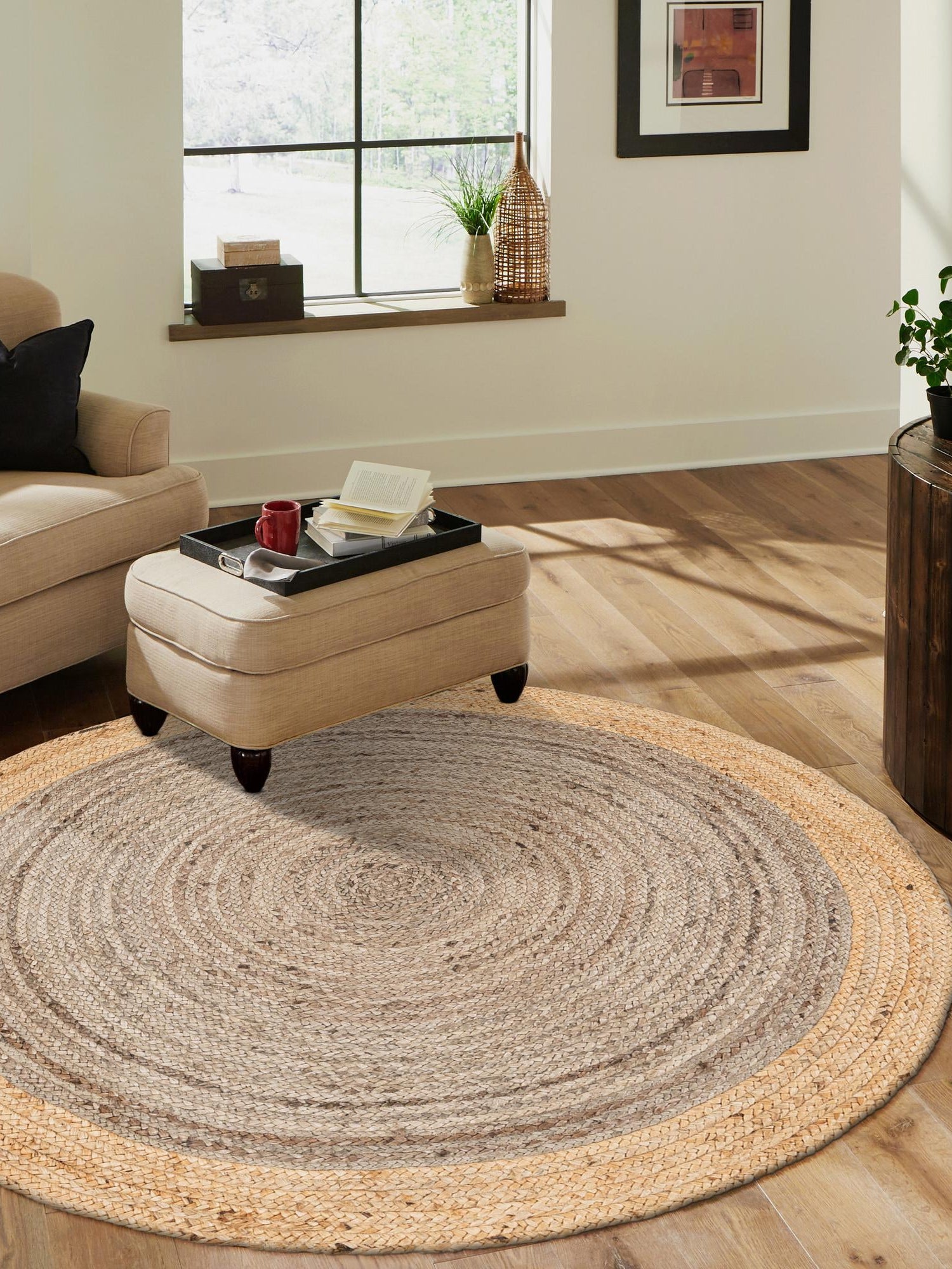 Gray Brown 5' 1 x 5' 1 Braided Jute Round Area Rug 100% Jute Hand Braided Natural Eco-Friendly Boho Style Carpet for Living Rooms Dining Office Space Dorms for Sale at Rug Engine