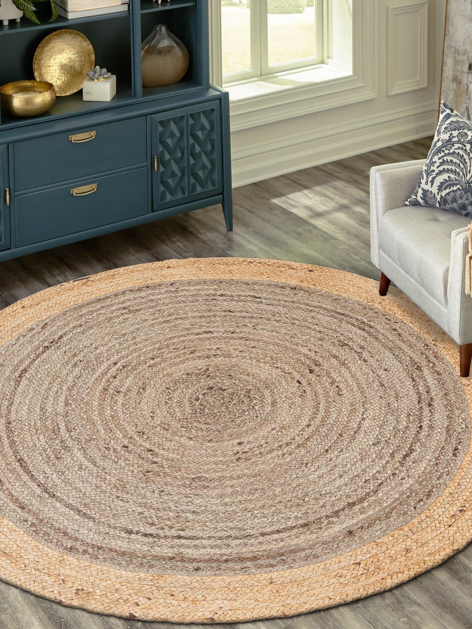 Gray Brown 3' 3 x 3' 3 Braided Jute Round Area Rug 100% Jute Hand Braided Natural Eco-Friendly Boho Style Carpet for Living Rooms Dining Office Space Dorms for Sale at Rug Engine