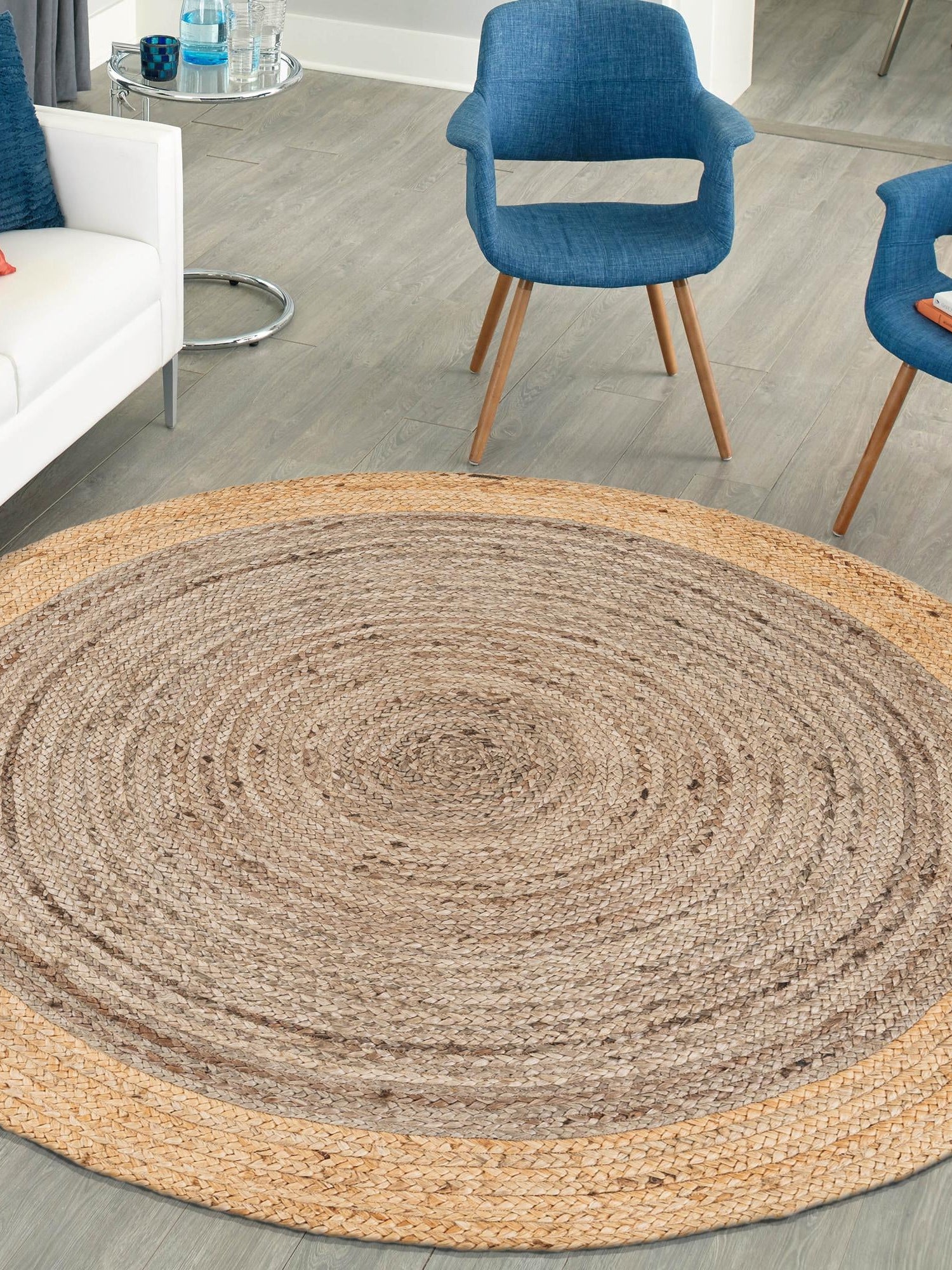 Gray Brown 5' 1 x 5' 1 Braided Jute Round Area Rug 100% Jute Hand Braided Natural Eco-Friendly Boho Style Carpet for Living Rooms Dining Office Space Dorms for Sale at Rug Engine