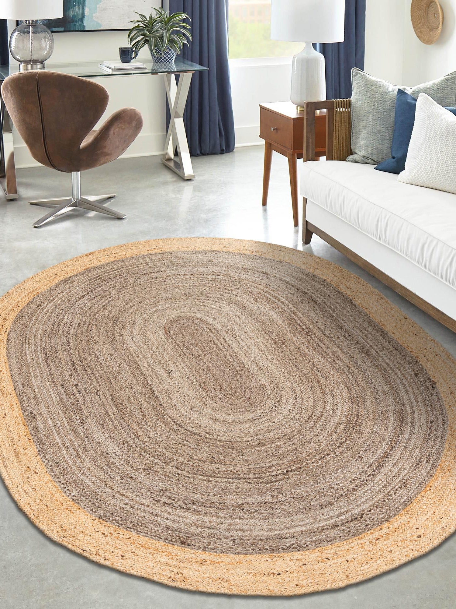 Gray Brown 4' 1 x 6' 1 Braided Jute Oval Area Rug 100% Jute Hand Braided Natural Eco-Friendly Boho Style Carpet for Living Rooms Dining Office Space Dorms for Sale at Rug Engine