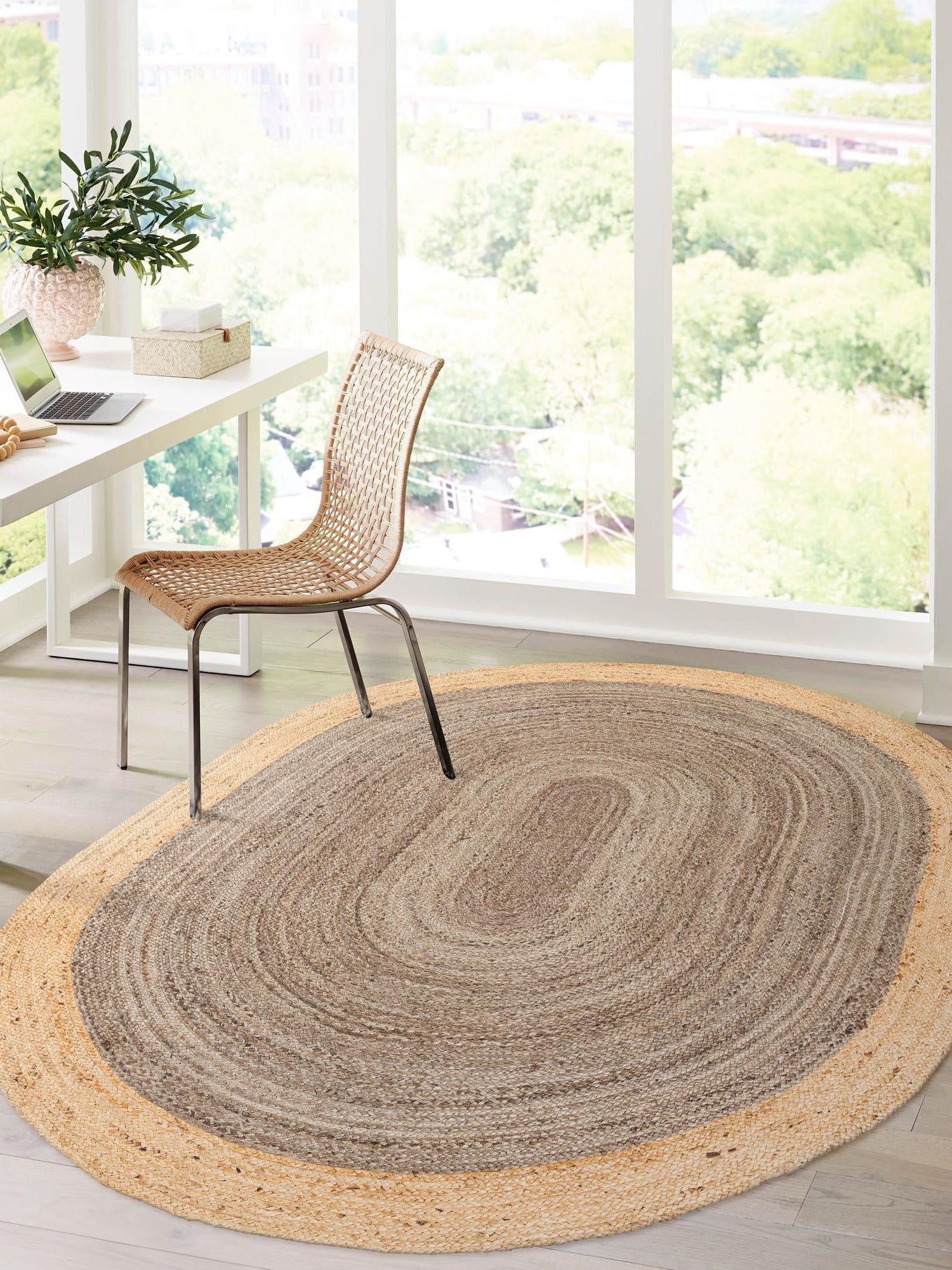 Gray Brown 4' 1 x 6' 1 Braided Jute Oval Area Rug 100% Jute Hand Braided Natural Eco-Friendly Boho Style Carpet for Living Rooms Dining Office Space Dorms for Sale at Rug Engine