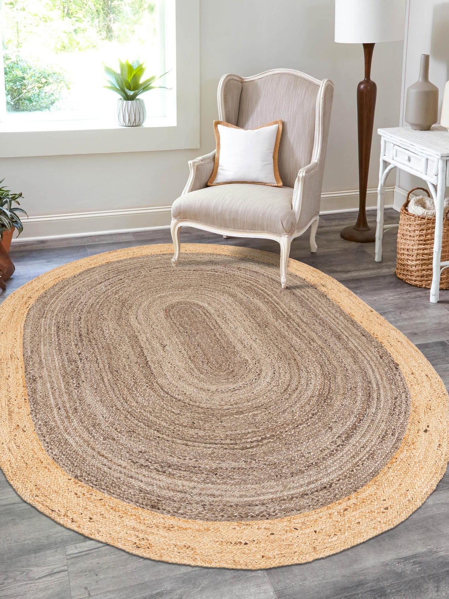 Gray Brown 5' 3 x 8' Braided Jute Oval Area Rug 100% Jute Hand Braided Natural Eco-Friendly Boho Style Carpet for Living Rooms Dining Office Space Dorms for Sale at Rug Engine