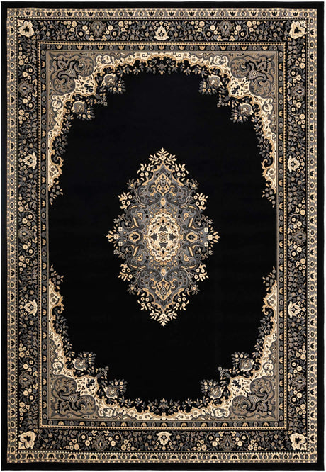 Black 10' x 14' 1 Reza Rectangle Area Rug 100% Polypropylene Easy Clean Traditional Motif Classic Carpet for Home Interiors for Sale at Rug Engine
