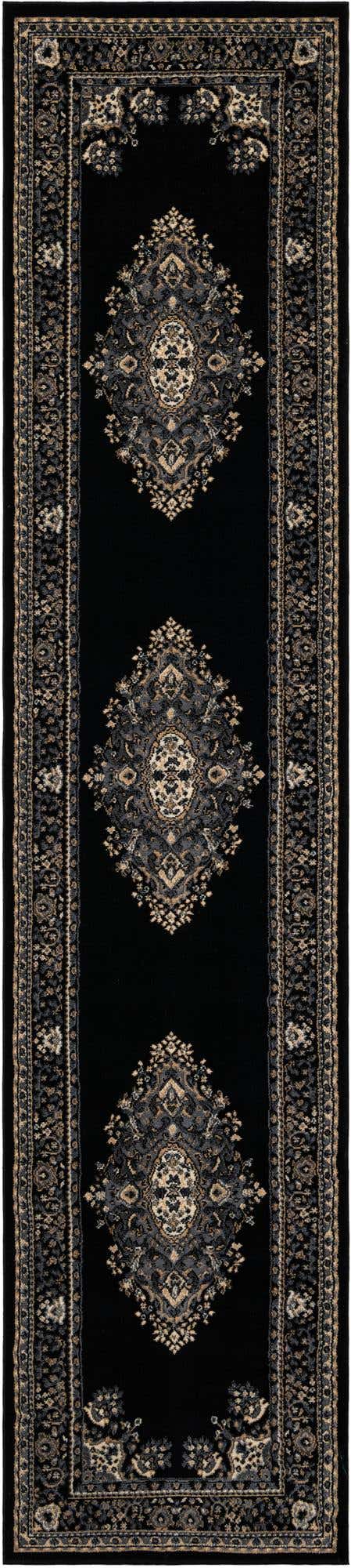 Black 2' 7 x 12' Reza Runner Area Rug 100% Polypropylene Easy Clean Traditional Motif Classic Carpet for Home Interiors for Sale at Rug Engine