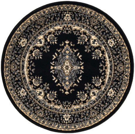 Black 3' 1 x 3' 1 Reza Round Area Rug 100% Polypropylene Easy Clean Traditional Motif Classic Carpet for Home Interiors for Sale at Rug Engine