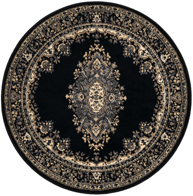 Black 4' 1 x 4' 1 Reza Round Area Rug 100% Polypropylene Easy Clean Traditional Motif Classic Carpet for Home Interiors for Sale at Rug Engine
