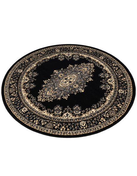 Black 5' 3 x 5' 3 Reza Round Area Rug 100% Polypropylene Easy Clean Traditional Motif Classic Carpet for Home Interiors for Sale at Rug Engine