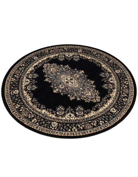 Black 5' 3 x 5' 3 Reza Round Area Rug 100% Polypropylene Easy Clean Traditional Motif Classic Carpet for Home Interiors for Sale at Rug Engine