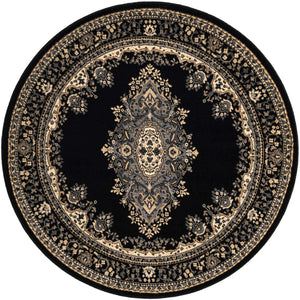 Black 5' 3 x 5' 3 Reza Round Area Rug 100% Polypropylene Easy Clean Traditional Motif Classic Carpet for Home Interiors for Sale at Rug Engine