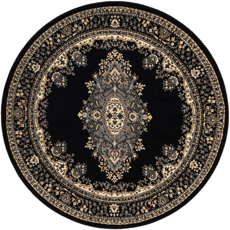 Black 5' 3 x 5' 3 Reza Round Area Rug 100% Polypropylene Easy Clean Traditional Motif Classic Carpet for Home Interiors for Sale at Rug Engine