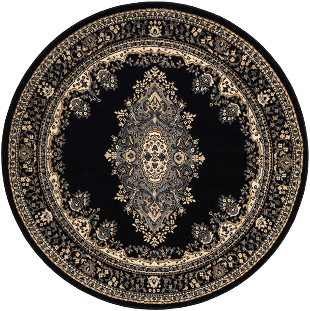 Black 5' 3 x 5' 3 Reza Round Area Rug 100% Polypropylene Easy Clean Traditional Motif Classic Carpet for Home Interiors for Sale at Rug Engine