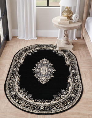 Black 5' 3 x 8' Reza Oval Area Rug 100% Polypropylene Easy Clean Traditional Motif Classic Carpet for Home Interiors for Sale at Rug Engine