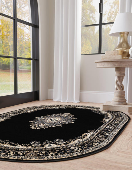 Black 5' 3 x 8' Reza Oval Area Rug 100% Polypropylene Easy Clean Traditional Motif Classic Carpet for Home Interiors for Sale at Rug Engine