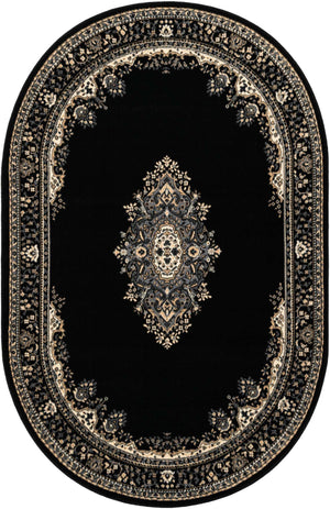 Black 5' 3 x 8' Reza Oval Area Rug 100% Polypropylene Easy Clean Traditional Motif Classic Carpet for Home Interiors for Sale at Rug Engine