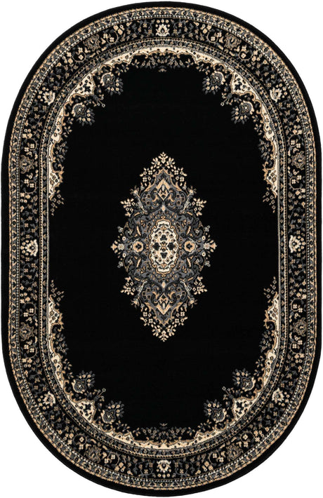 Black 5' 3 x 8' Reza Oval Area Rug 100% Polypropylene Easy Clean Traditional Motif Classic Carpet for Home Interiors for Sale at Rug Engine