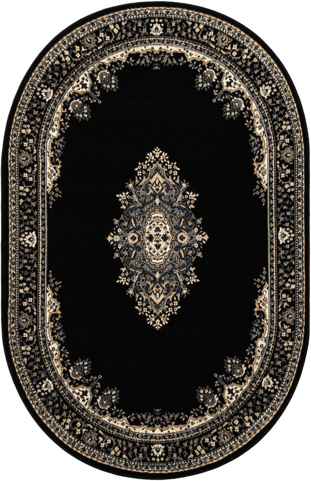 Black 5' 3 x 8' Reza Oval Area Rug 100% Polypropylene Easy Clean Traditional Motif Classic Carpet for Home Interiors for Sale at Rug Engine