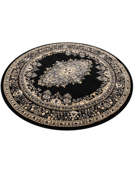 Black 6' 1 x 6' 1 Reza Round Area Rug 100% Polypropylene Easy Clean Traditional Motif Classic Carpet for Home Interiors for Sale at Rug Engine