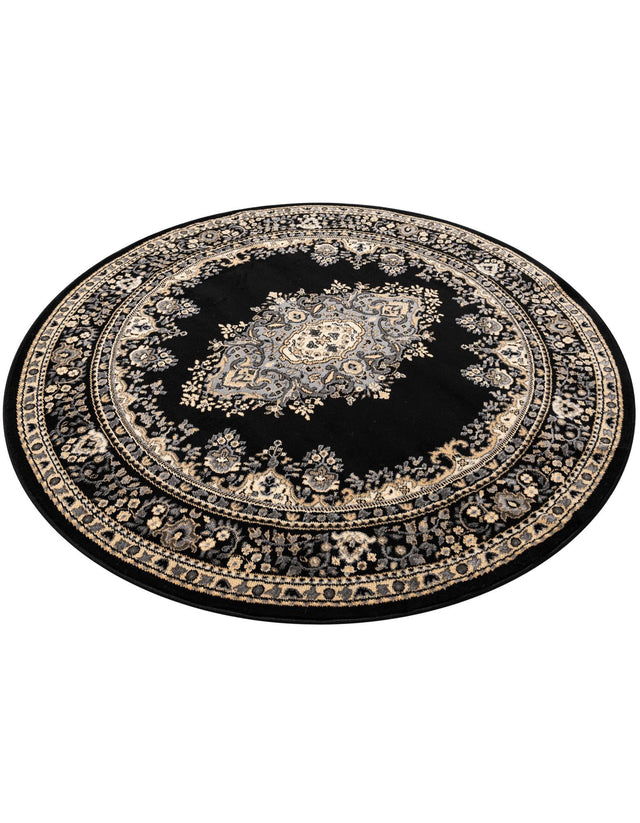 Black 6' 1 x 6' 1 Reza Round Area Rug 100% Polypropylene Easy Clean Traditional Motif Classic Carpet for Home Interiors for Sale at Rug Engine