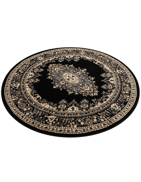 Black 6' 1 x 6' 1 Reza Round Area Rug 100% Polypropylene Easy Clean Traditional Motif Classic Carpet for Home Interiors for Sale at Rug Engine