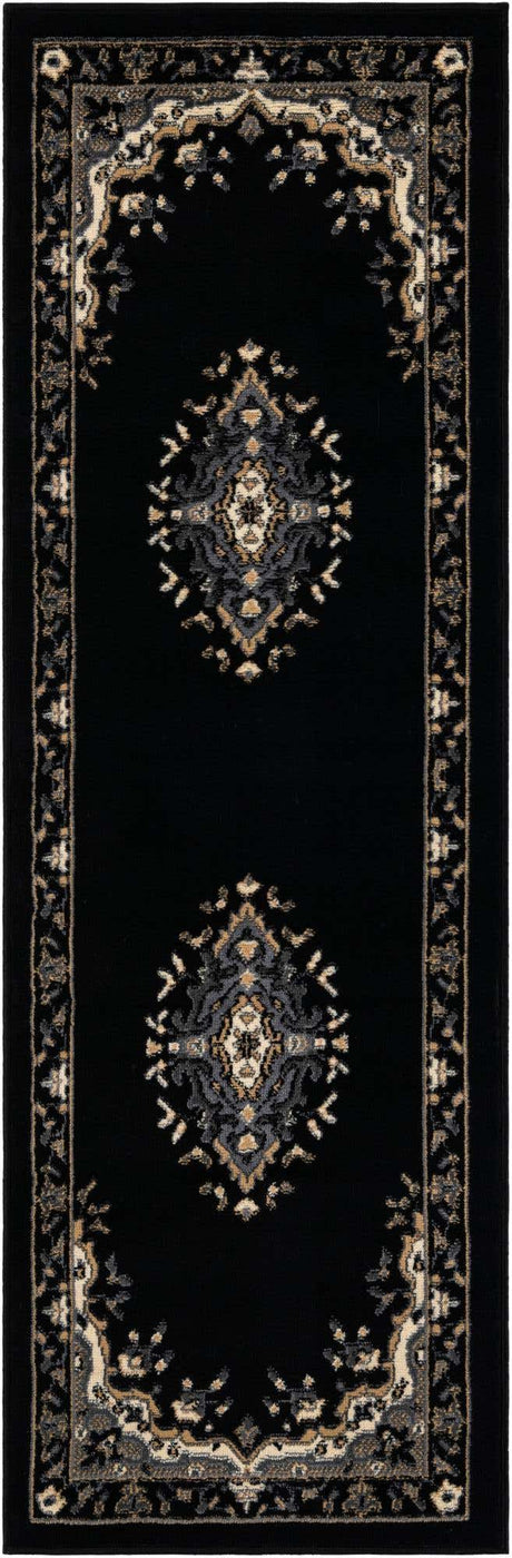 Black 2' x 6' 1 Reza Runner Area Rug 100% Polypropylene Easy Clean Traditional Motif Classic Carpet for Home Interiors for Sale at Rug Engine