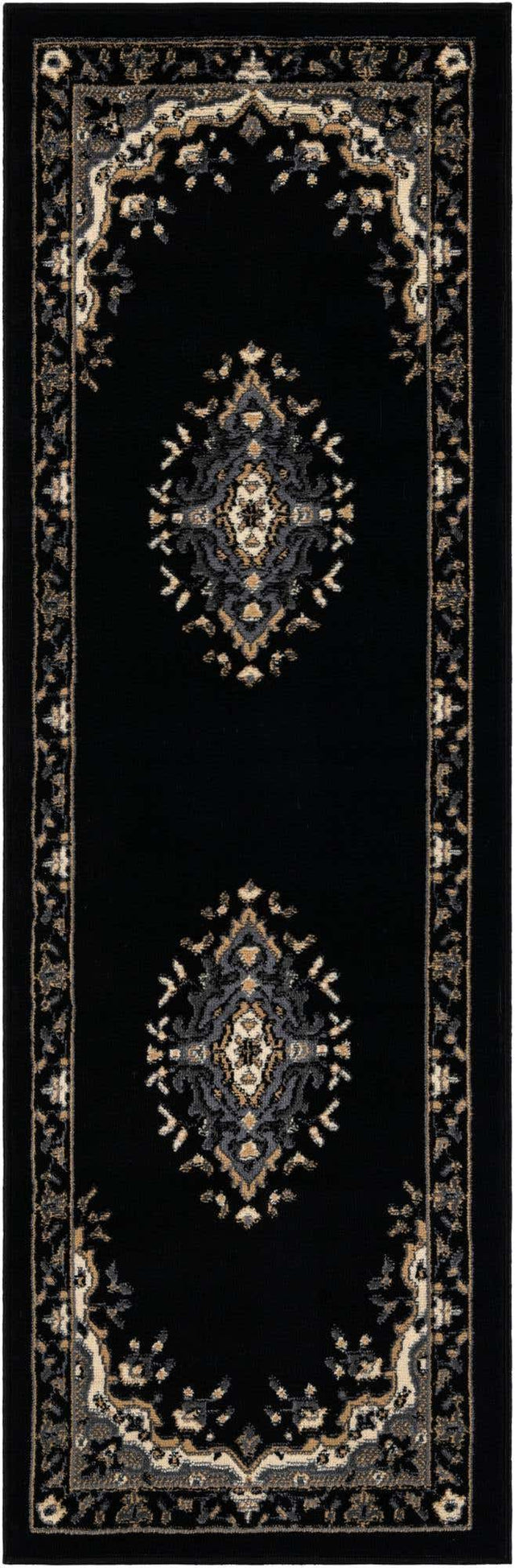 Black 2' x 6' 1 Reza Runner Area Rug 100% Polypropylene Easy Clean Traditional Motif Classic Carpet for Home Interiors for Sale at Rug Engine