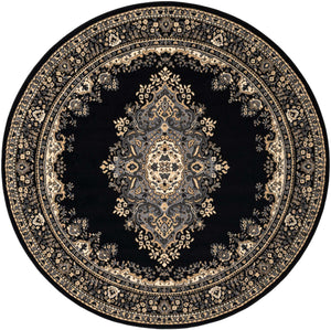 Black 7' 1 x 7' 1 Reza Round Area Rug 100% Polypropylene Easy Clean Traditional Motif Classic Carpet for Home Interiors for Sale at Rug Engine