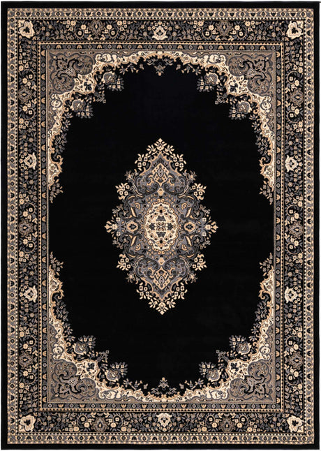 Black 7' 10 x 11' Reza Rectangle Area Rug 100% Polypropylene Easy Clean Traditional Motif Classic Carpet for Home Interiors for Sale at Rug Engine