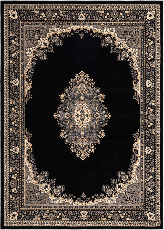 Black 7' 10 x 11' Reza Rectangle Area Rug 100% Polypropylene Easy Clean Traditional Motif Classic Carpet for Home Interiors for Sale at Rug Engine