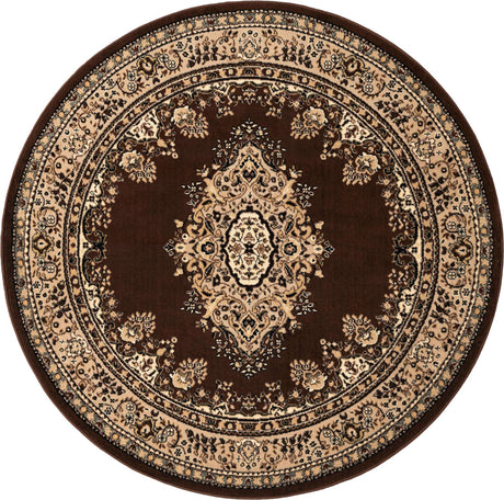 Brown 6' 1 x 6' 1 Reza Round Area Rug 100% Polypropylene Easy Clean Traditional Motif Classic Carpet for Home Interiors for Sale at Rug Engine
