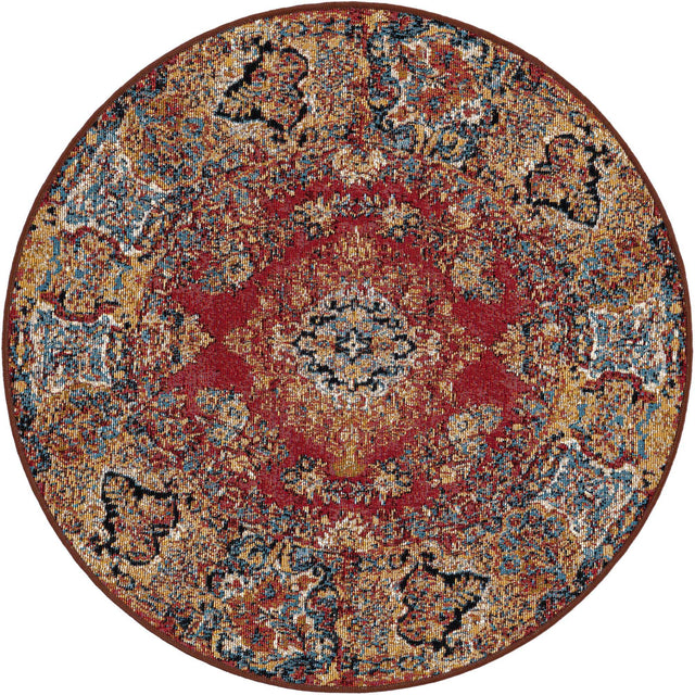 Antique Red 3' 1 x 3' 1 Outdoor Traditional Round Area Rug Weather Resistant for Patio, Deck, Terrace, Balcony, Porch Classical Design Outside Carpet for Sale at Rug Engine